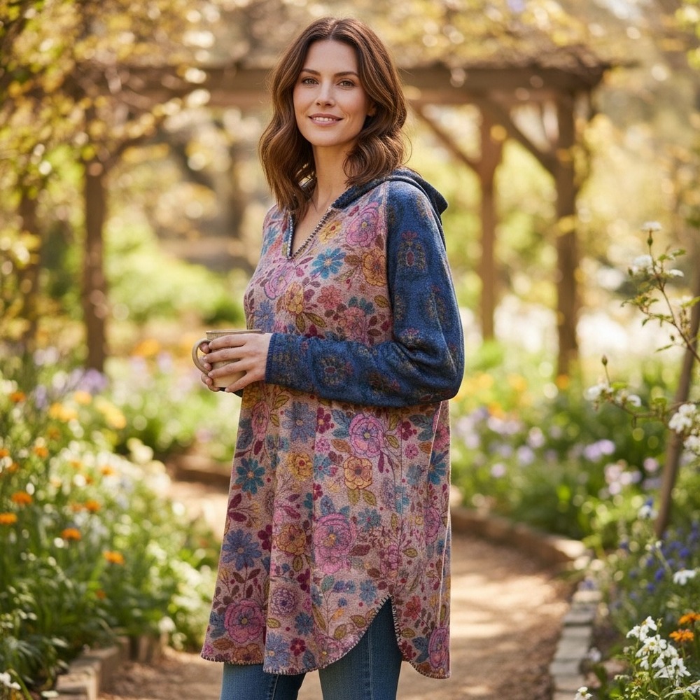 NATURAL LIFE Cozy Blanket Hoodie One Size Blue Pink Boho Hippie Fleece Tunic